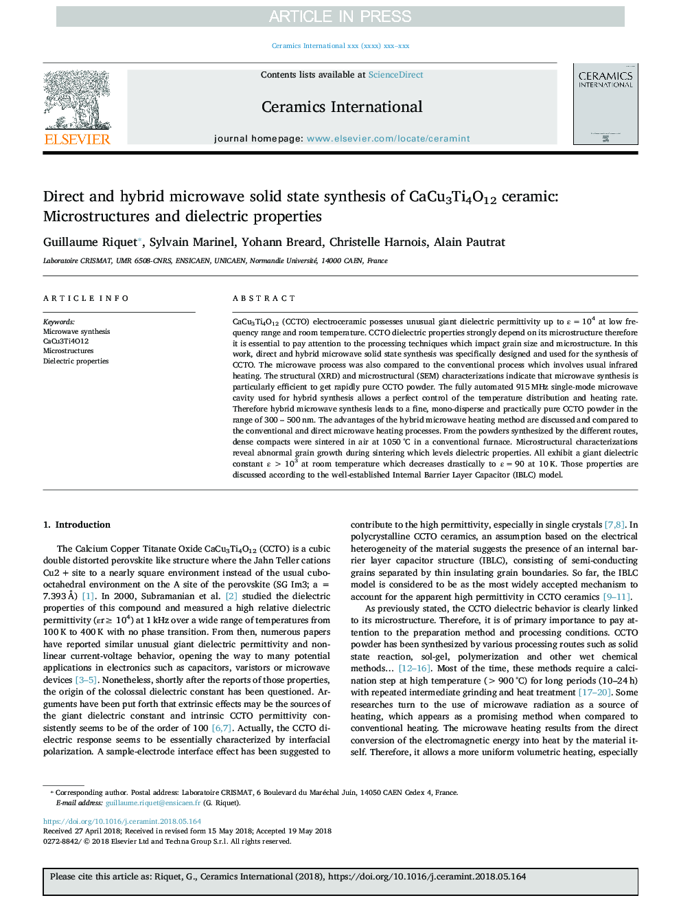 Direct and hybrid microwave solid state synthesis of CaCu3Ti4O12 ceramic: Microstructures and dielectric properties