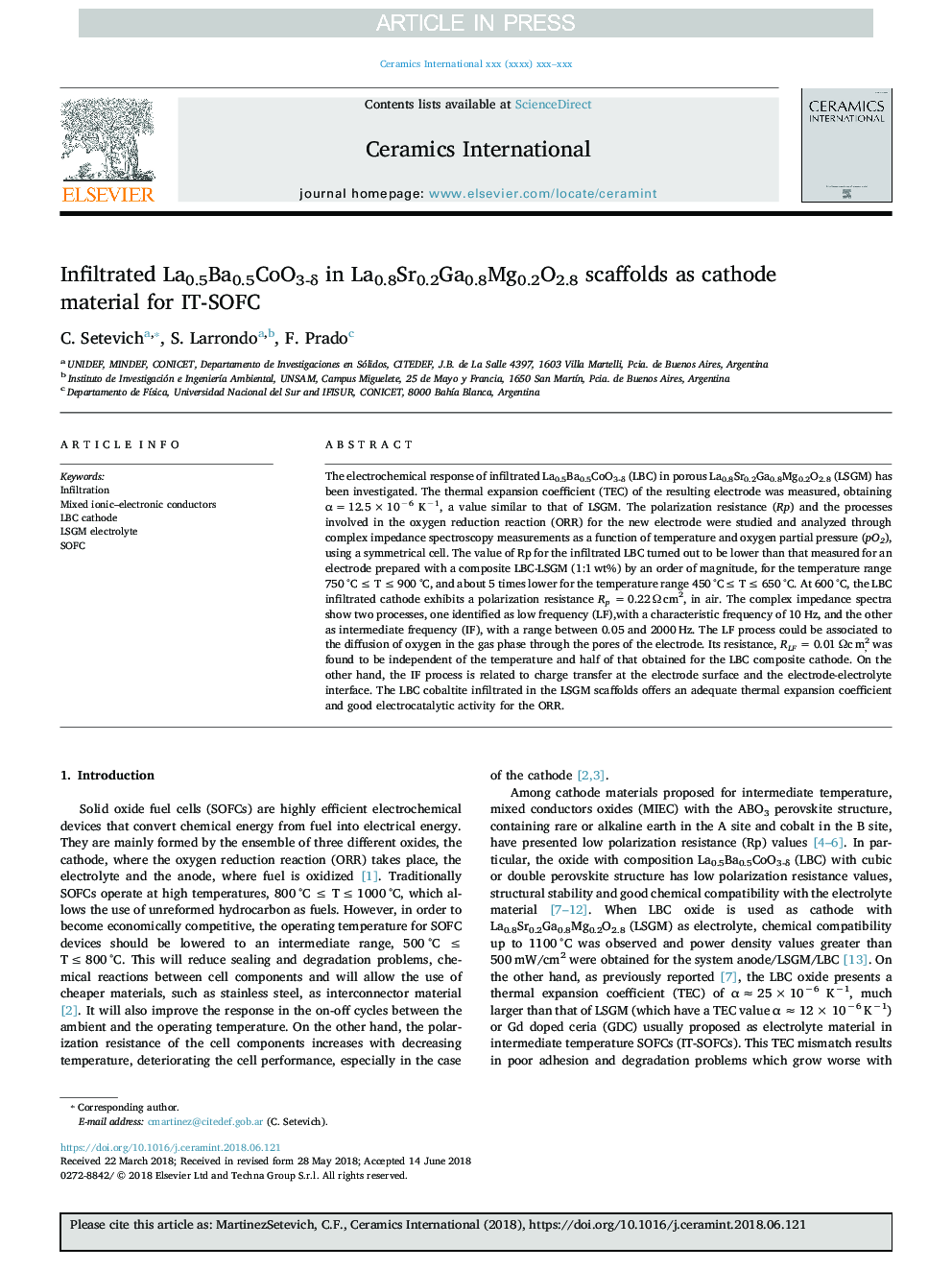 Infiltrated La0.5Ba0.5CoO3-Î´ in La0.8Sr0.2Ga0.8Mg0.2O2.8 scaffolds as cathode material for IT-SOFC