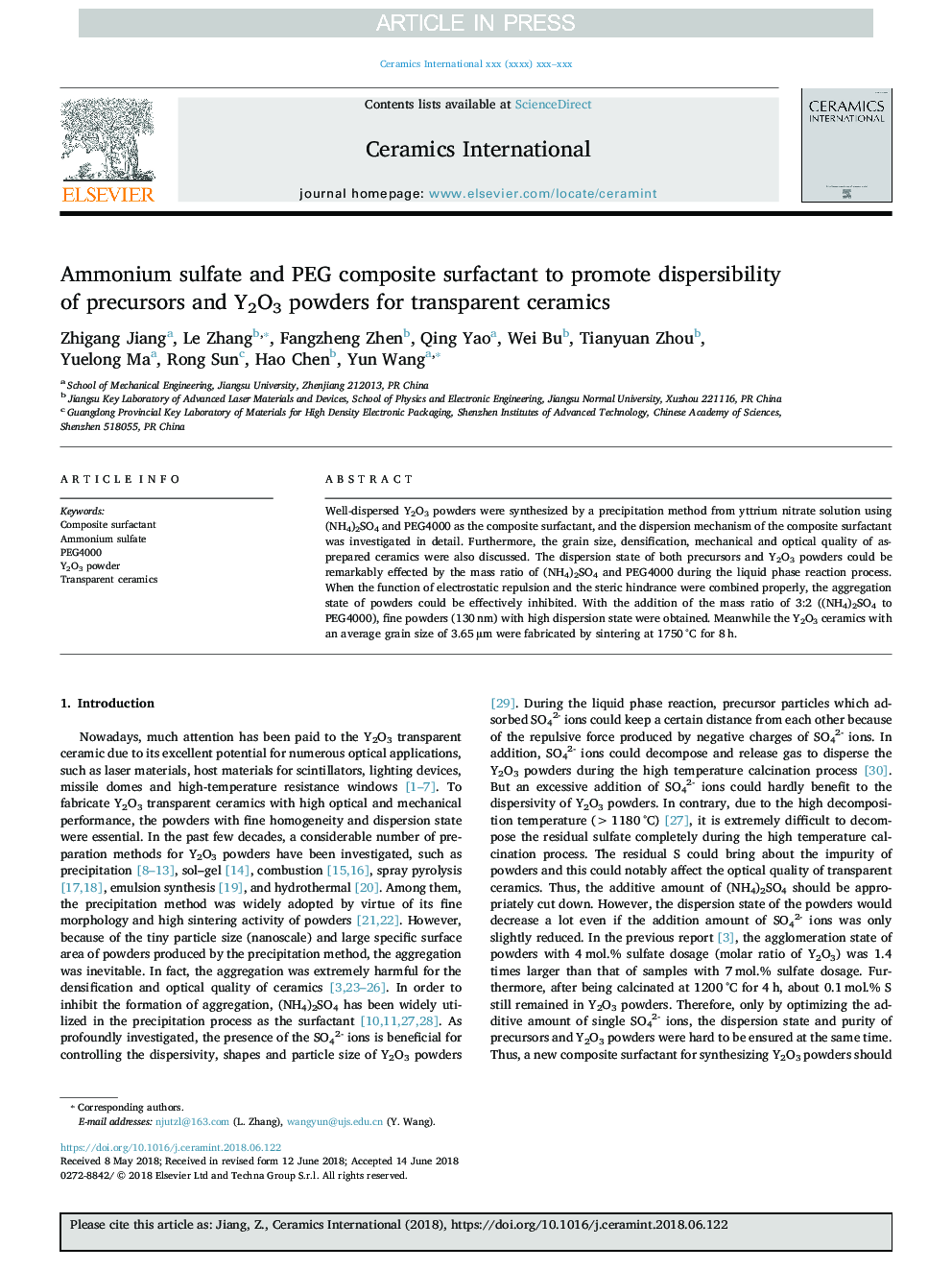 Ammonium sulfate and PEG composite surfactant to promote dispersibility of precursors and Y2O3 powders for transparent ceramics