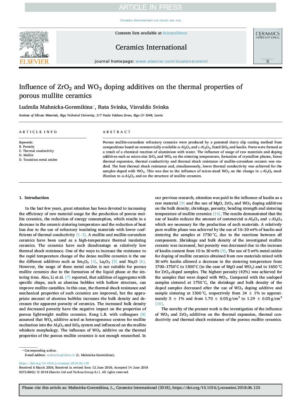 Influence of ZrO2 and WO3 doping additives on the thermal properties of porous mullite ceramics