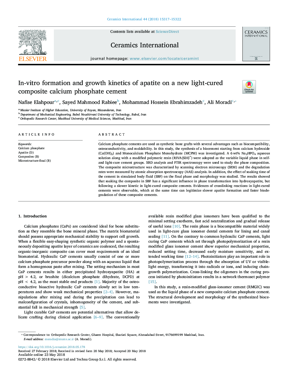 In-vitro formation and growth kinetics of apatite on a new light-cured composite calcium phosphate cement