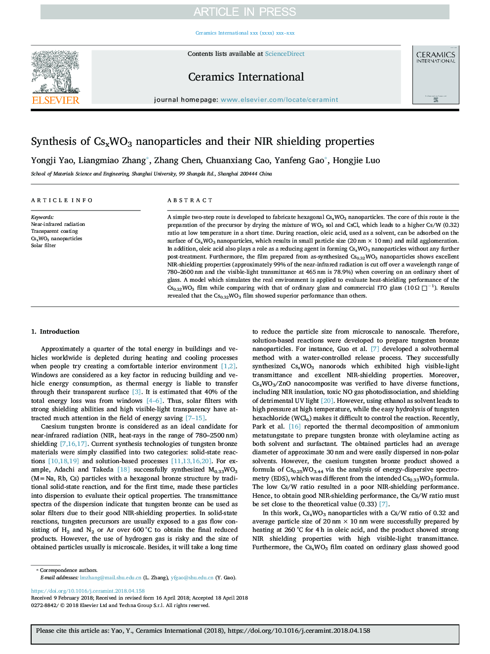 Synthesis of CsxWO3 nanoparticles and their NIR shielding properties