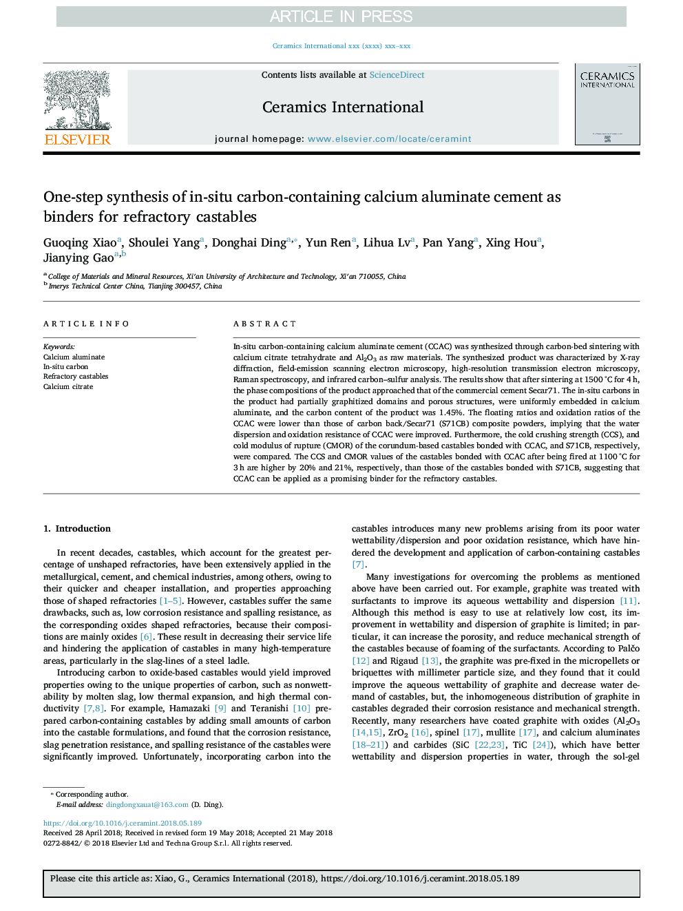 One-step synthesis of in-situ carbon-containing calcium aluminate cement as binders for refractory castables