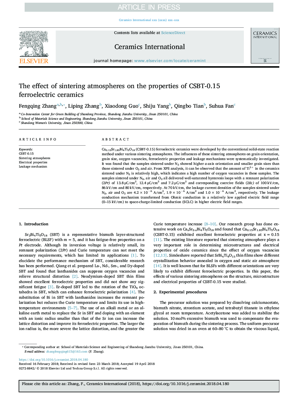 The effect of sintering atmospheres on the properties of CSBT-0.15 ferroelectric ceramics