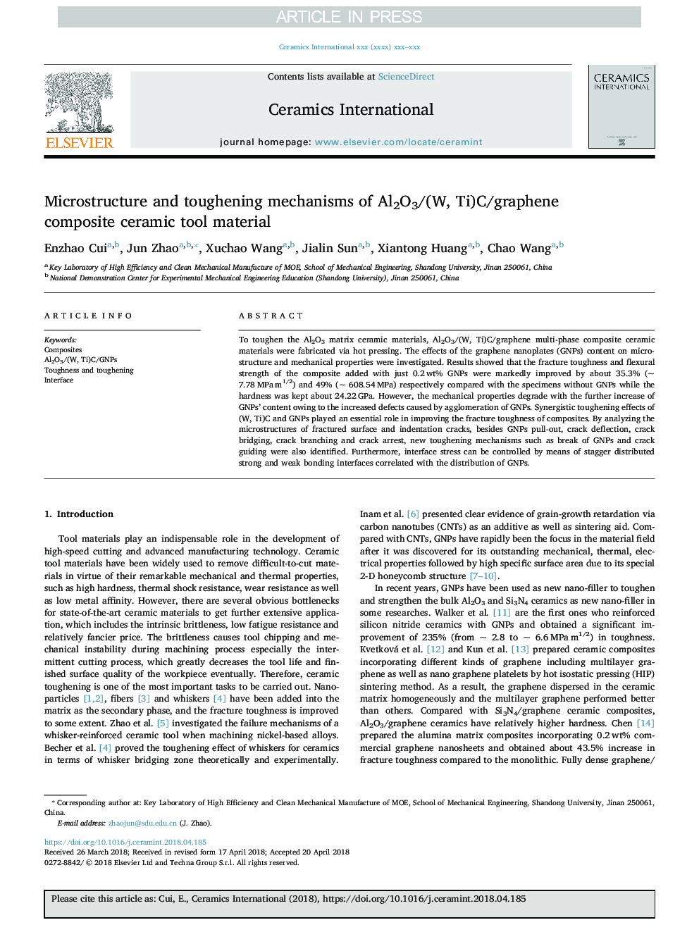 Microstructure and toughening mechanisms of Al2O3/(W, Ti)C/graphene composite ceramic tool material