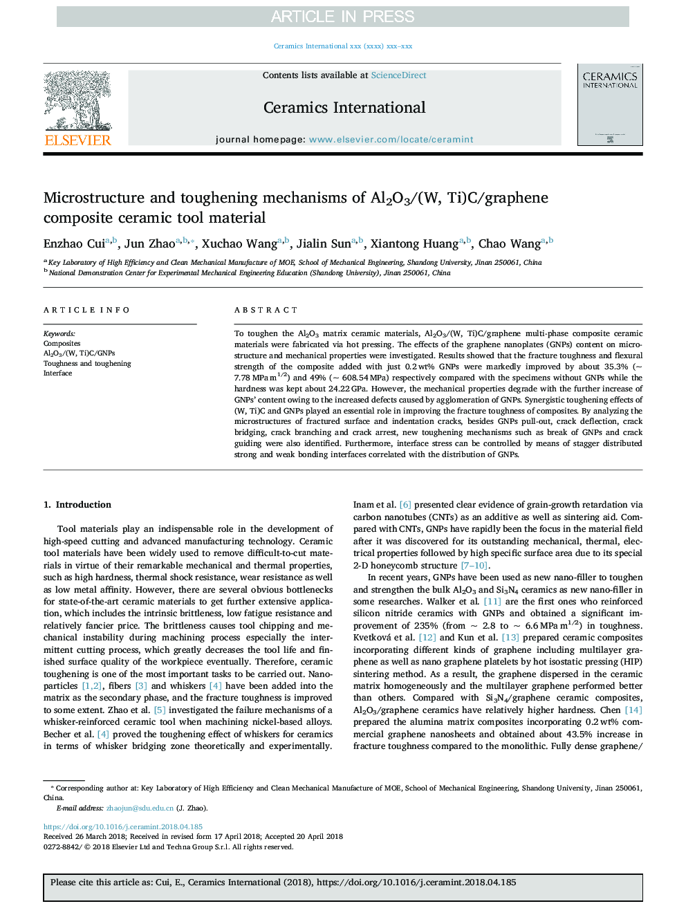 عکس صفحه اول مقاله: Microstructure and toughening mechanisms of Al2O3/(W, Ti)C/graphene composite ceramic tool material Microstructure and toughening mechanisms of Al2O3/(W, Ti)C/graphene composite ceramic tool material