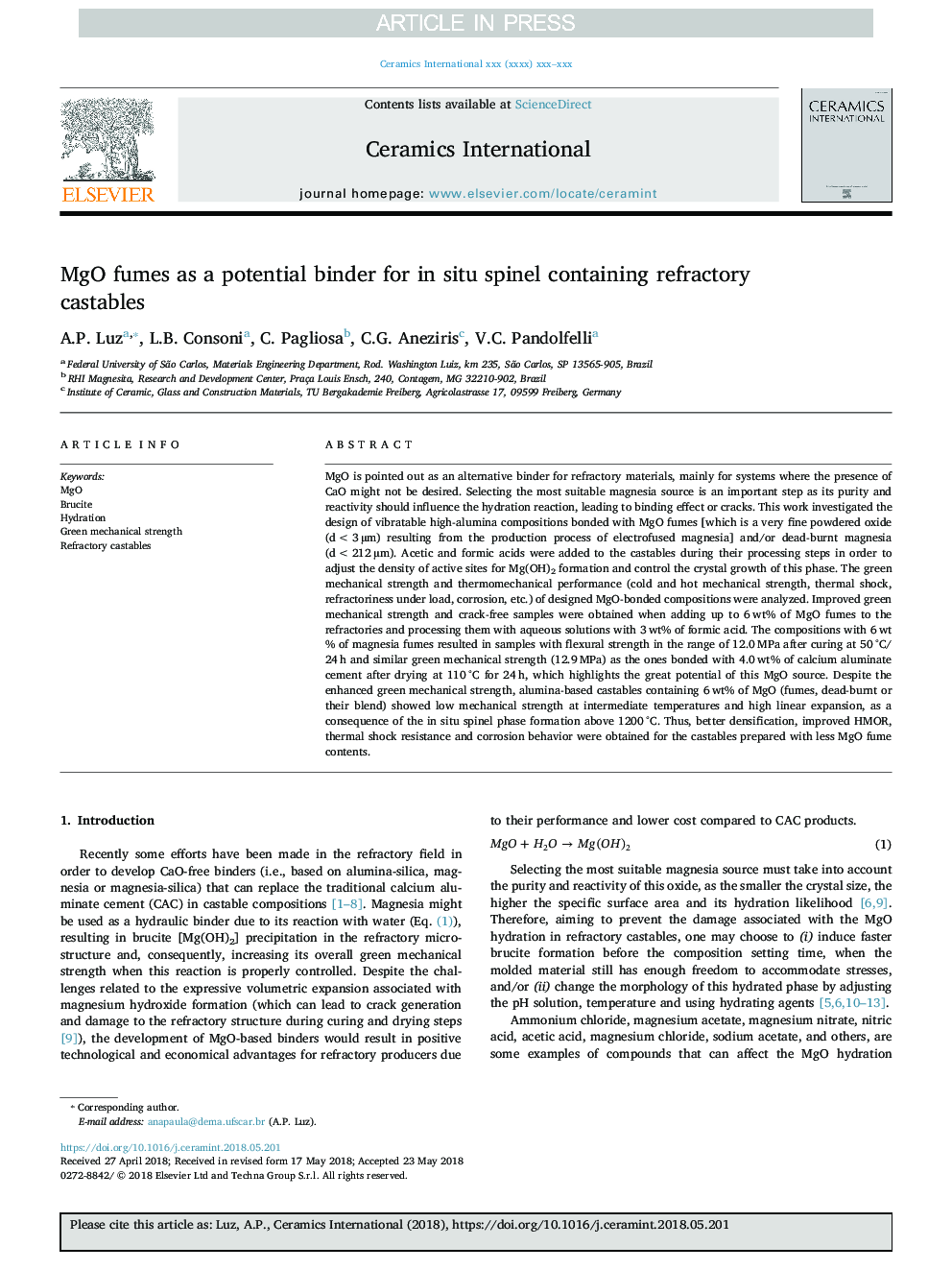 MgO fumes as a potential binder for in situ spinel containing refractory castables