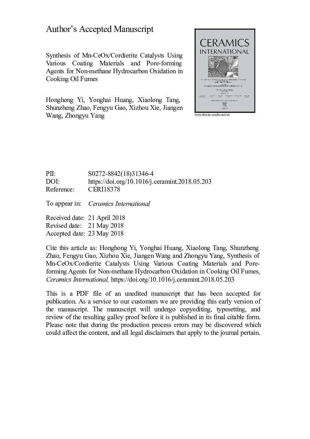 Synthesis of Mn-CeOx/cordierite catalysts using various coating materials and pore-forming agents for non-methane hydrocarbon oxidation in cooking oil fumes