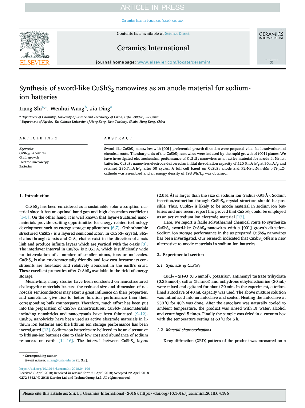 Synthesis of sword-like CuSbS2 nanowires as an anode material for sodium-ion batteries