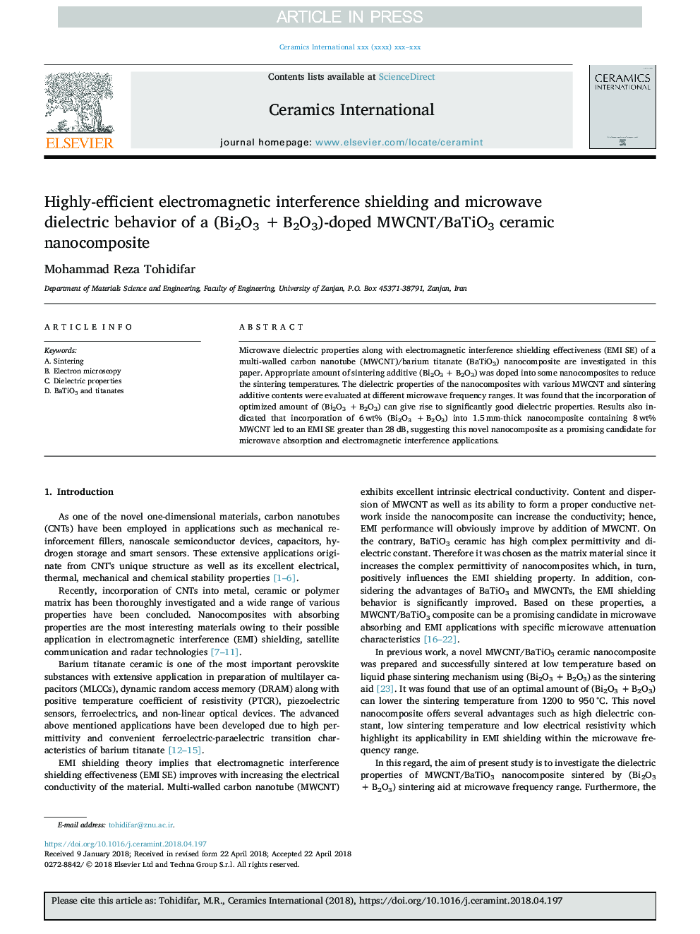 Highly-efficient electromagnetic interference shielding and microwave dielectric behavior of a (Bi2O3 +â¯B2O3)-doped MWCNT/BaTiO3 ceramic nanocomposite