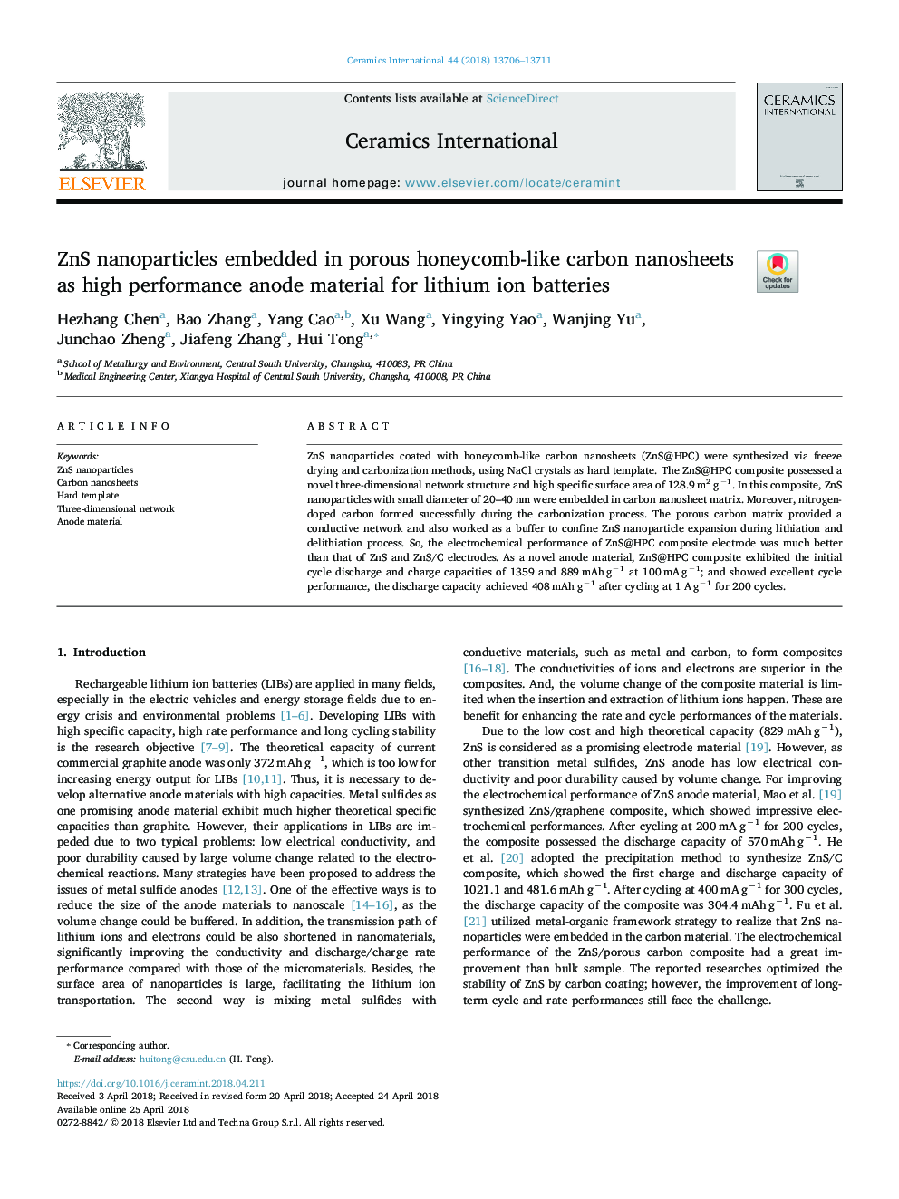 ZnS nanoparticles embedded in porous honeycomb-like carbon nanosheets as high performance anode material for lithium ion batteries