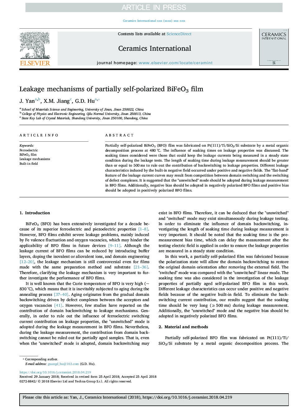 Leakage mechanisms of partially self-polarized BiFeO3 film