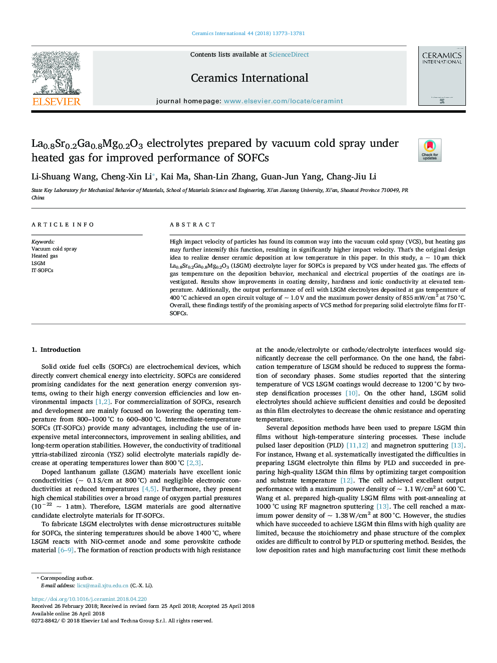 La0.8Sr0.2Ga0.8Mg0.2O3 electrolytes prepared by vacuum cold spray under heated gas for improved performance of SOFCs