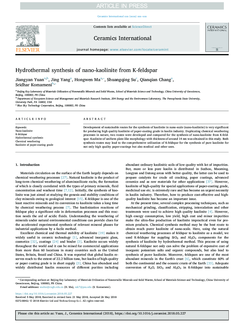 Hydrothermal synthesis of nano-kaolinite from K-feldspar