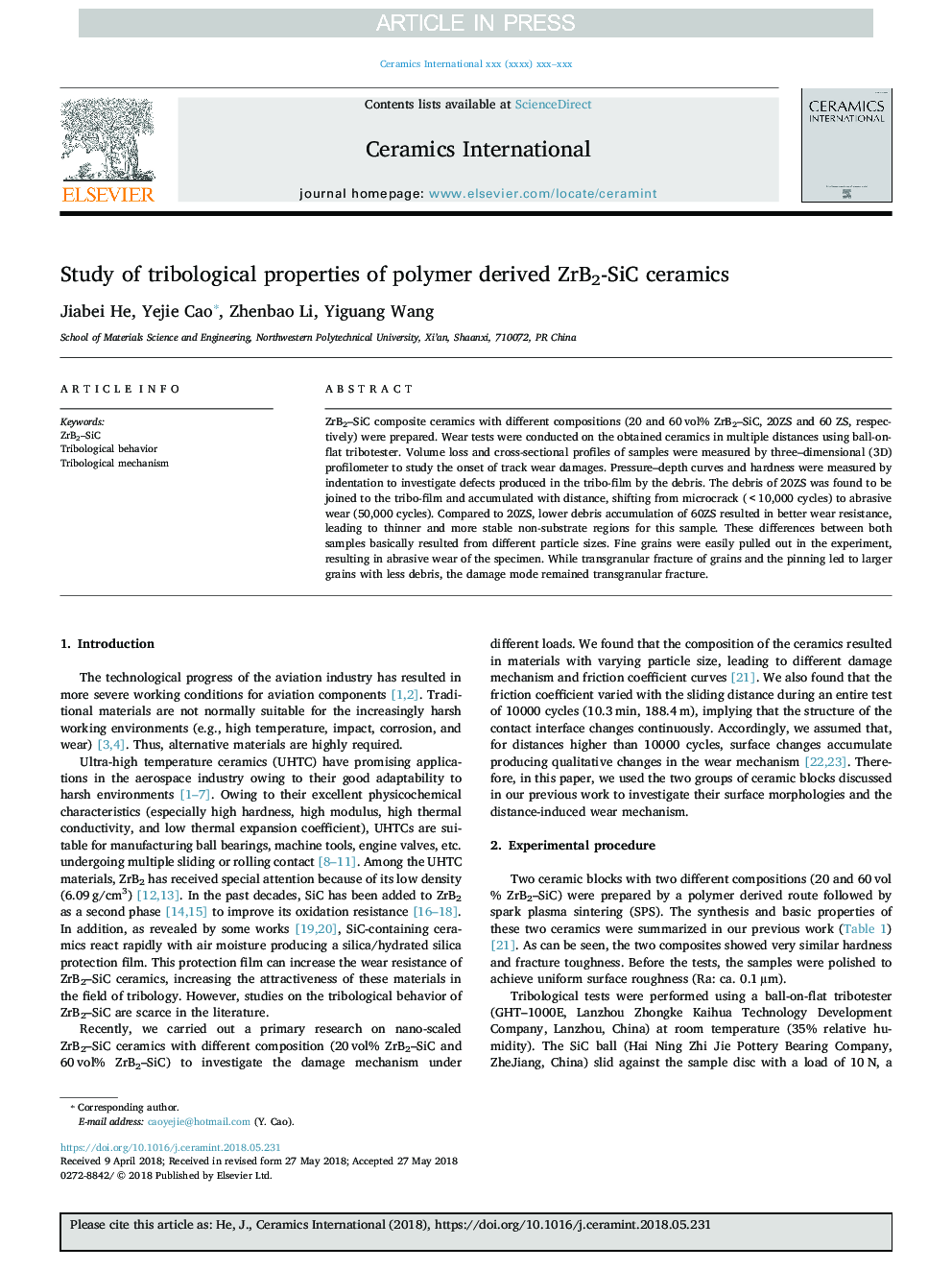 Study of tribological properties of polymer derived ZrB2-SiC ceramics