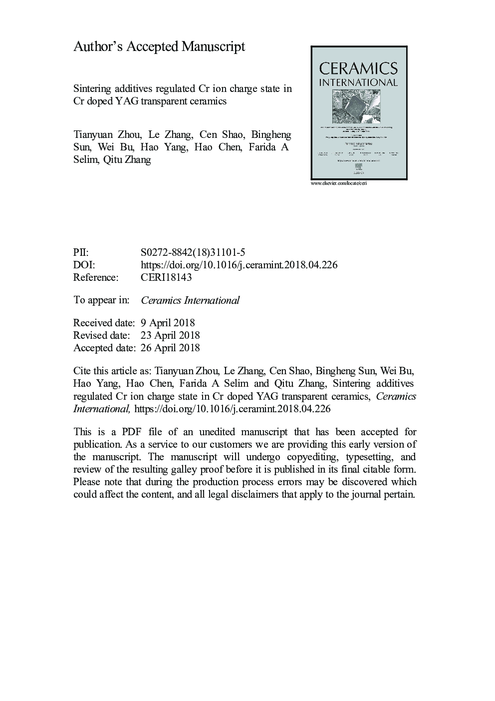 Sintering additives regulated Cr ion charge state in Cr doped YAG transparent ceramics