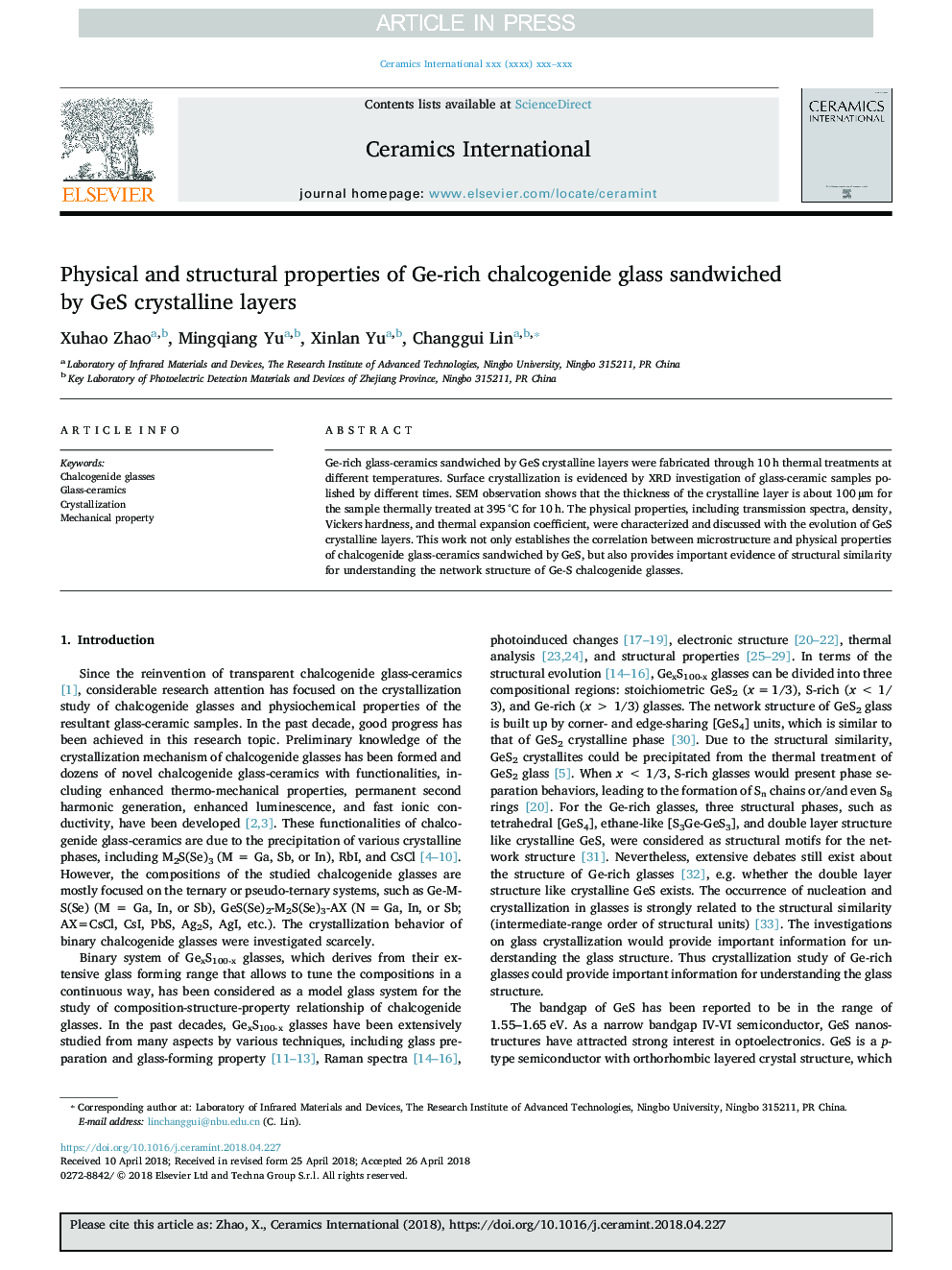 Physical and structural properties of Ge-rich chalcogenide glass sandwiched by GeS crystalline layers