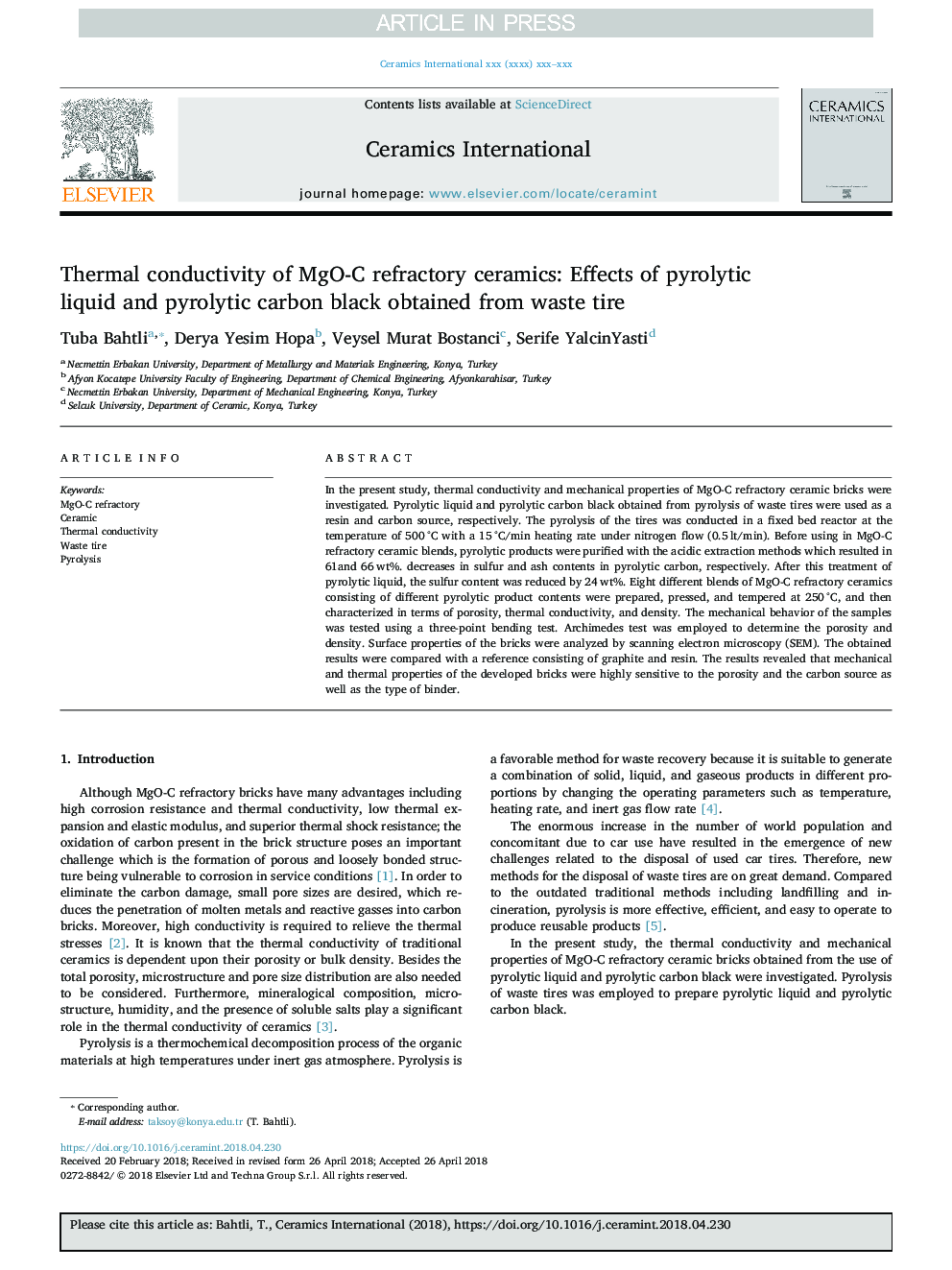 Thermal conductivity of MgO-C refractory ceramics: Effects of pyrolytic liquid and pyrolytic carbon black obtained from waste tire