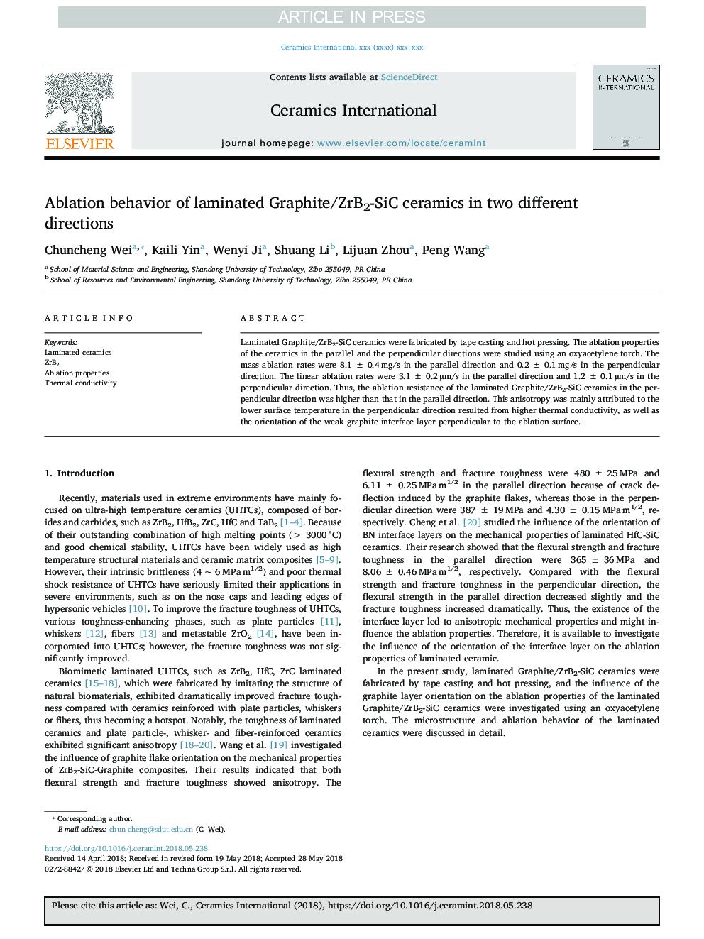 Ablation behavior of laminated Graphite/ZrB2-SiC ceramics in two different directions