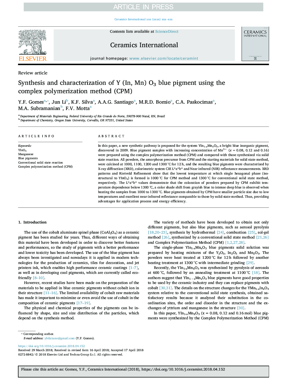 Synthesis and characterization of Y (In, Mn) O3 blue pigment using the complex polymerization method (CPM)