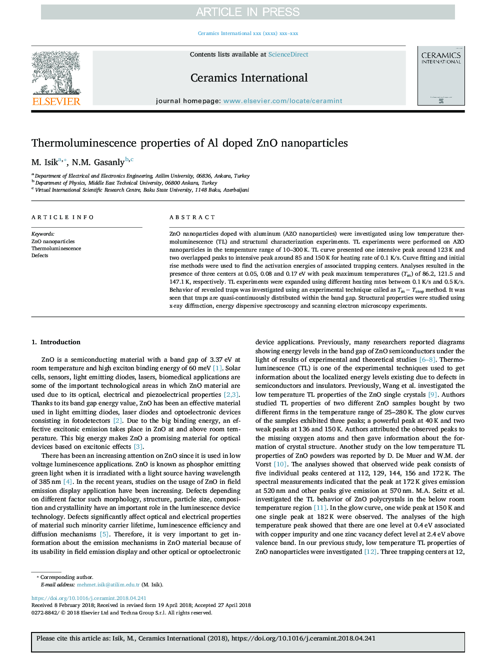 Thermoluminescence properties of Al doped ZnO nanoparticles