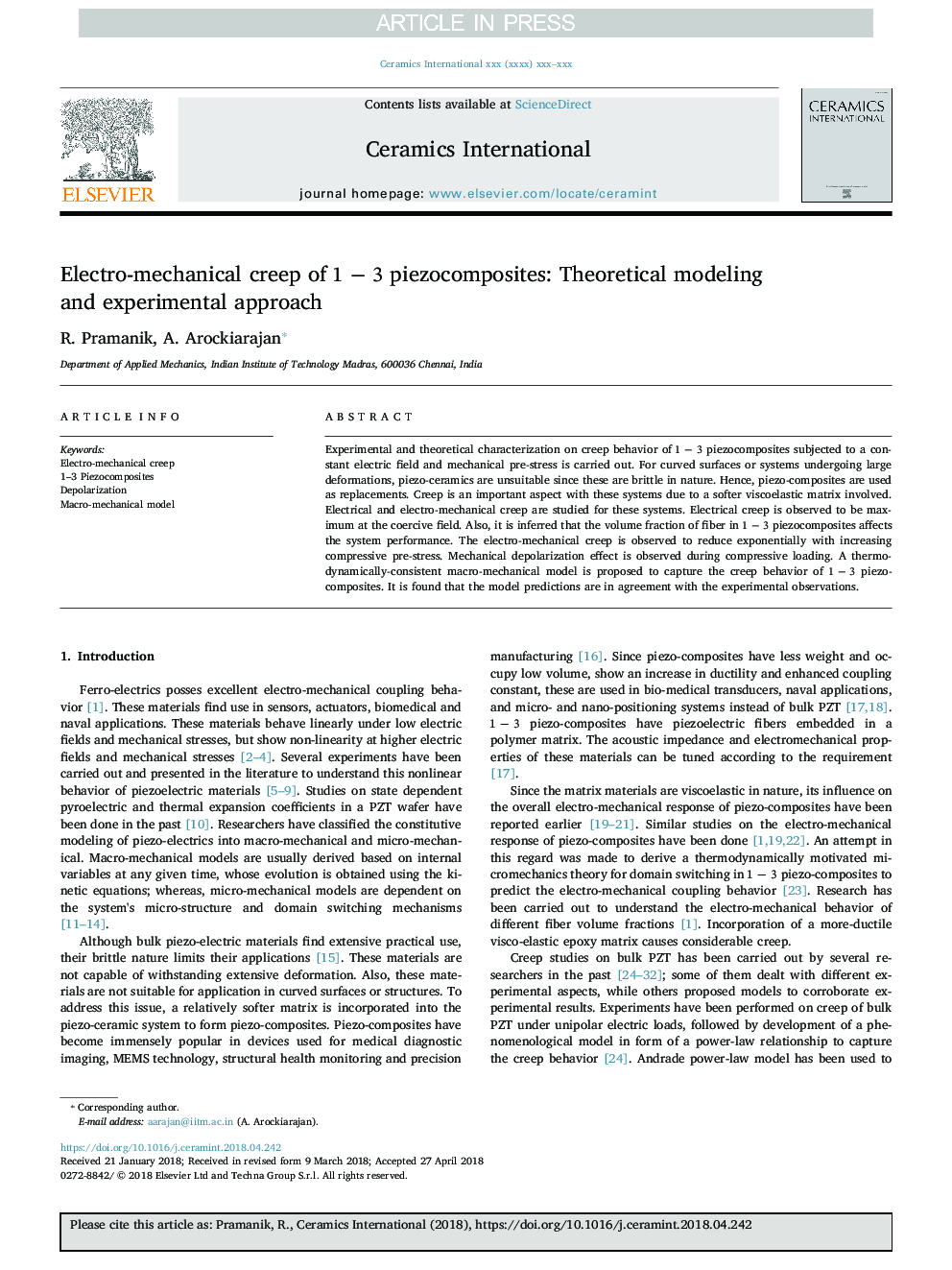 Electro-mechanical creep of 1â3 piezocomposites: Theoretical modeling and experimental approach