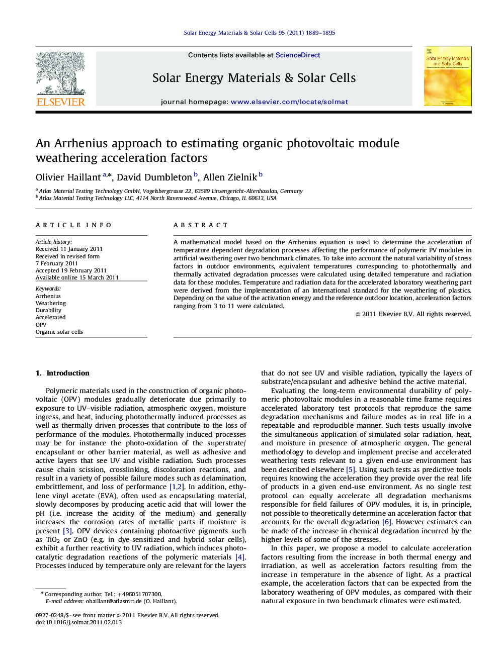 An Arrhenius approach to estimating organic photovoltaic module weathering acceleration factors