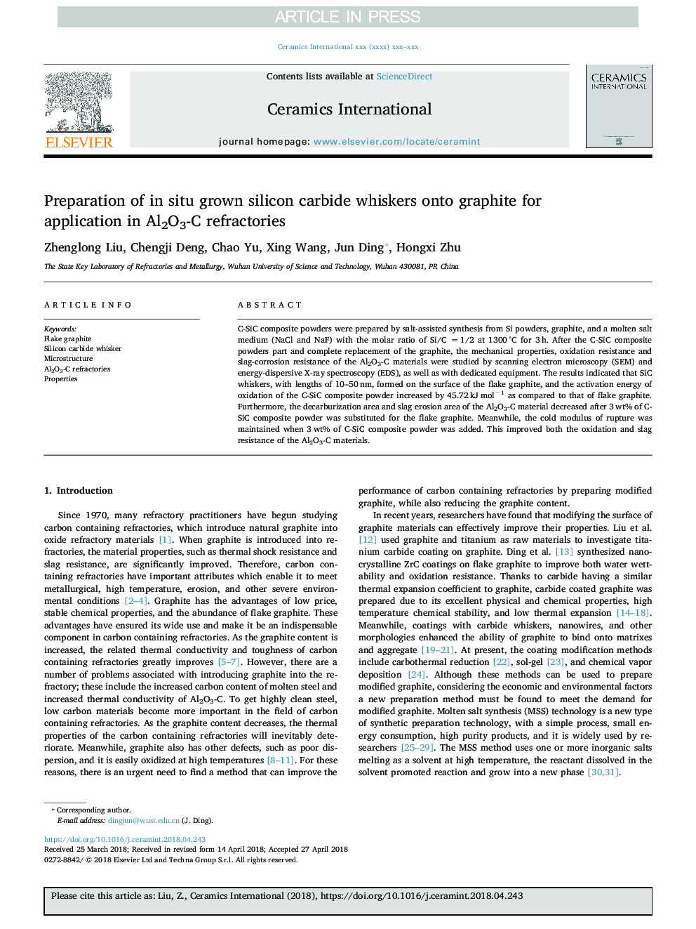 Preparation of in situ grown silicon carbide whiskers onto graphite for application in Al2O3-C refractories