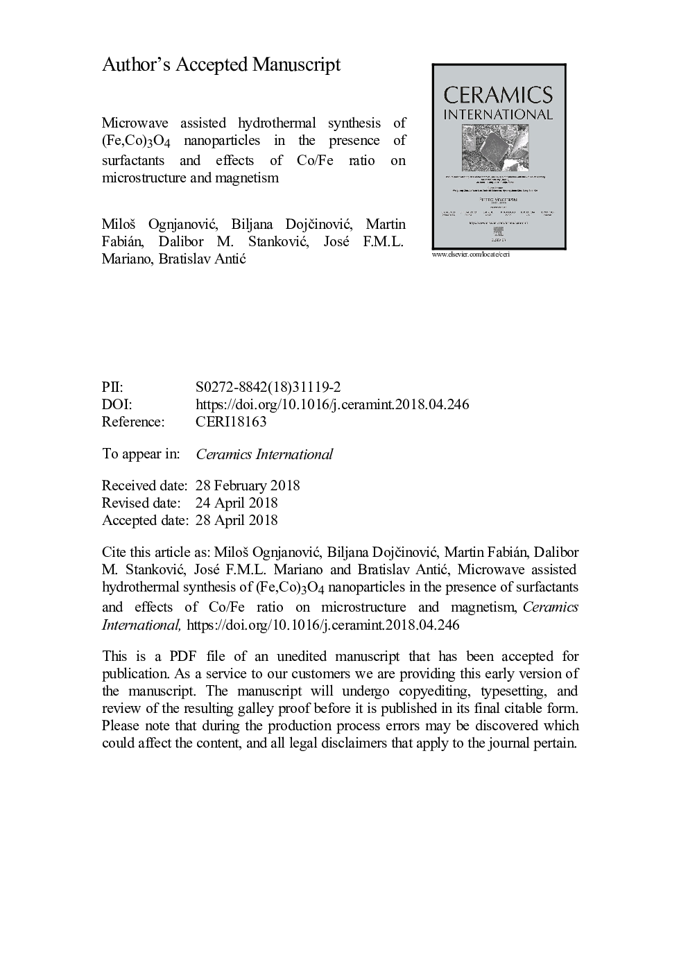 Microwave assisted hydrothermal synthesis of (Fe,Co)3O4 nanoparticles in the presence of surfactants and effects of Co/Fe ratio on microstructure and magnetism