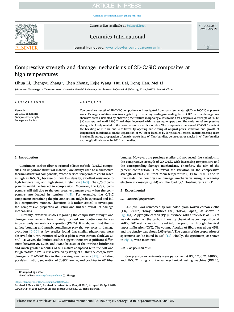 Compressive strength and damage mechanisms of 2D-C/SiC composites at high temperatures