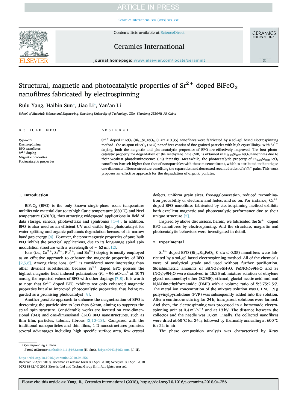 Structural, magnetic and photocatalytic properties of Sr2+ doped BiFeO3 nanofibres fabricated by electrospinning