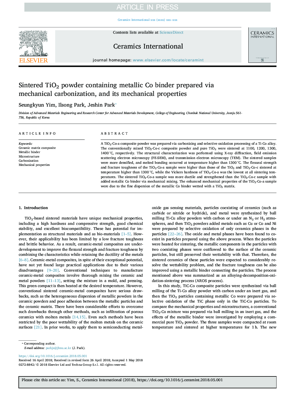 Sintered TiO2 powder containing metallic Co binder prepared via mechanical carbonization, and its mechanical properties