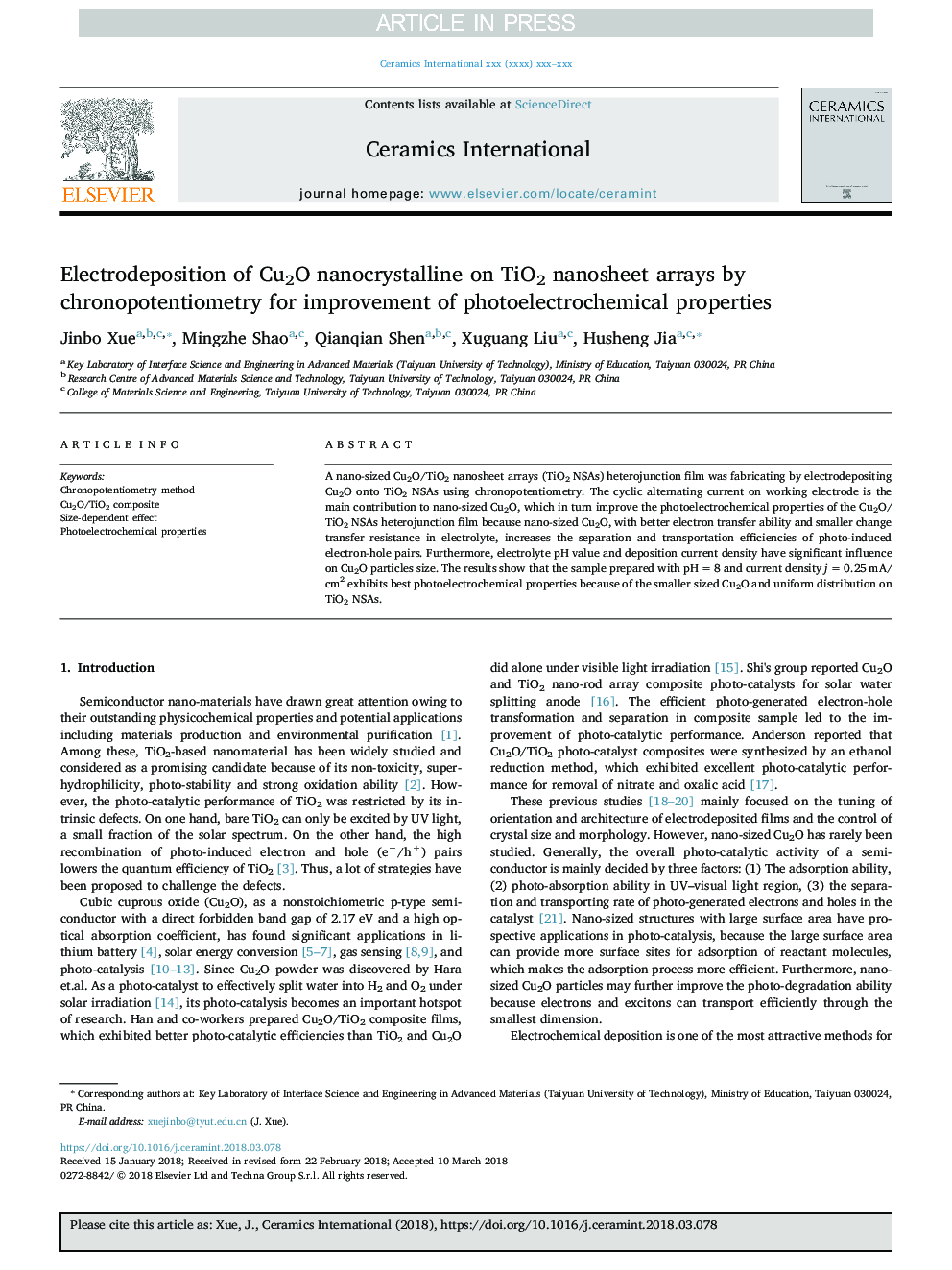 Electrodeposition of Cu2O nanocrystalline on TiO2 nanosheet arrays by chronopotentiometry for improvement of photoelectrochemical properties