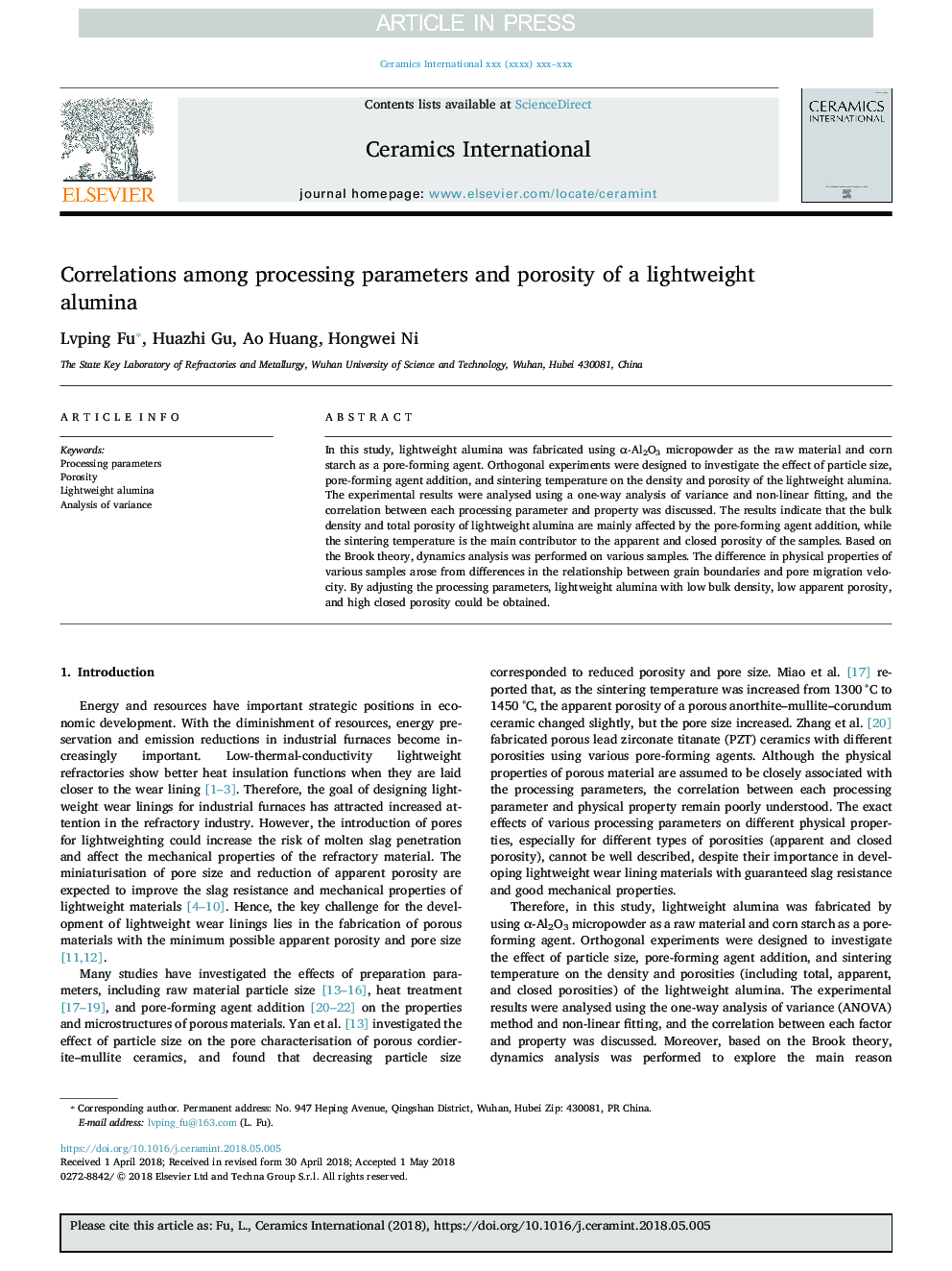 Correlations among processing parameters and porosity of a lightweight alumina