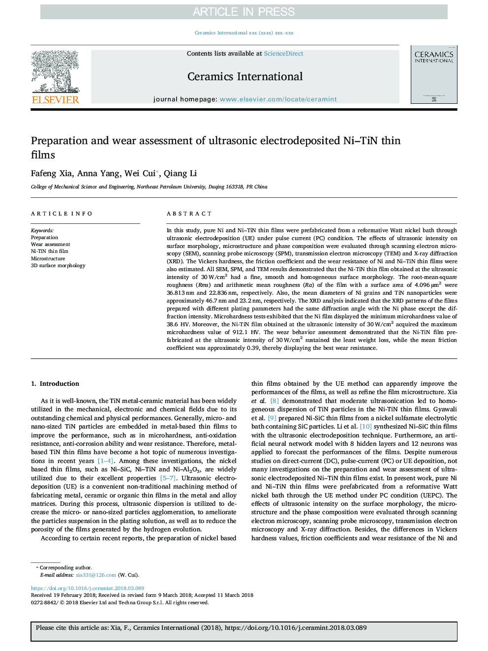 عکس صفحه اول مقاله: Preparation and wear assessment of ultrasonic electrodeposited Ni-TiN thin films Preparation and wear assessment of ultrasonic electrodeposited Ni-TiN thin films