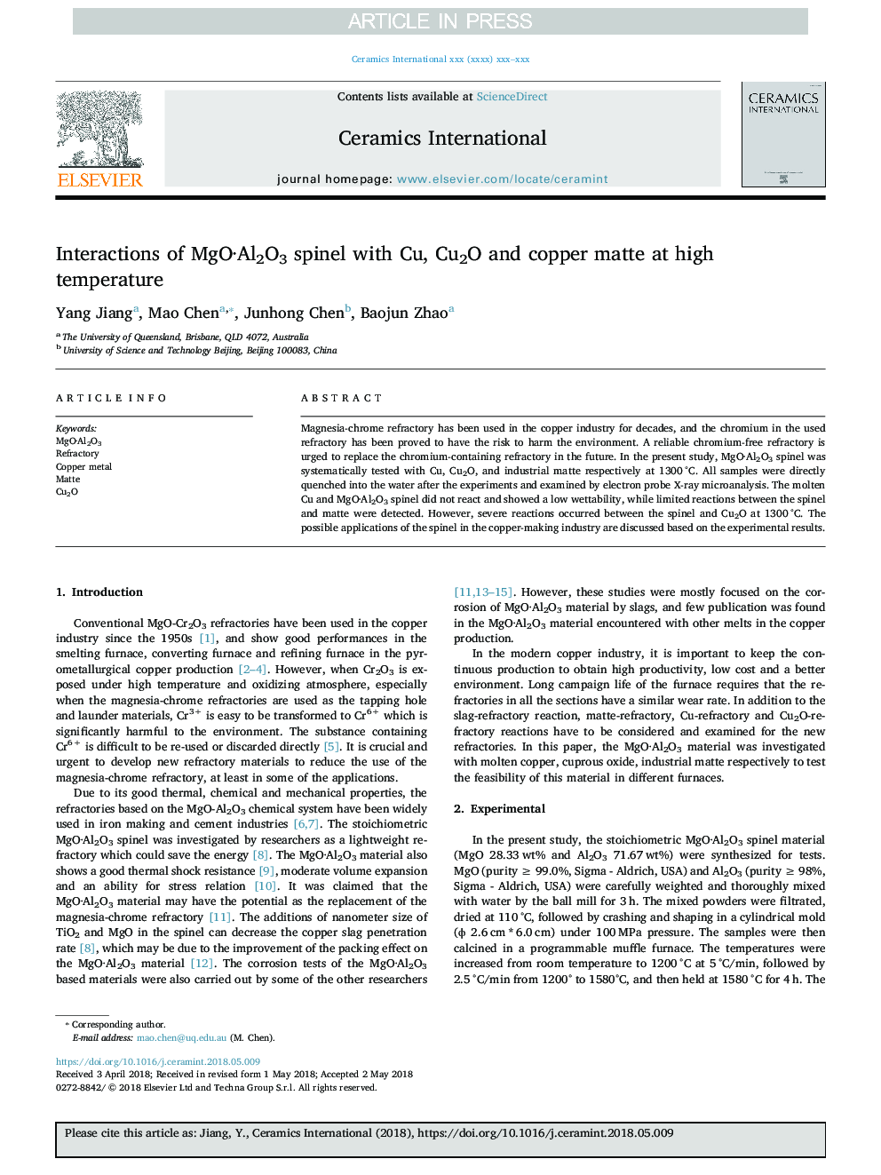 Interactions of MgOÂ·Al2O3 spinel with Cu, Cu2O and copper matte at high temperature