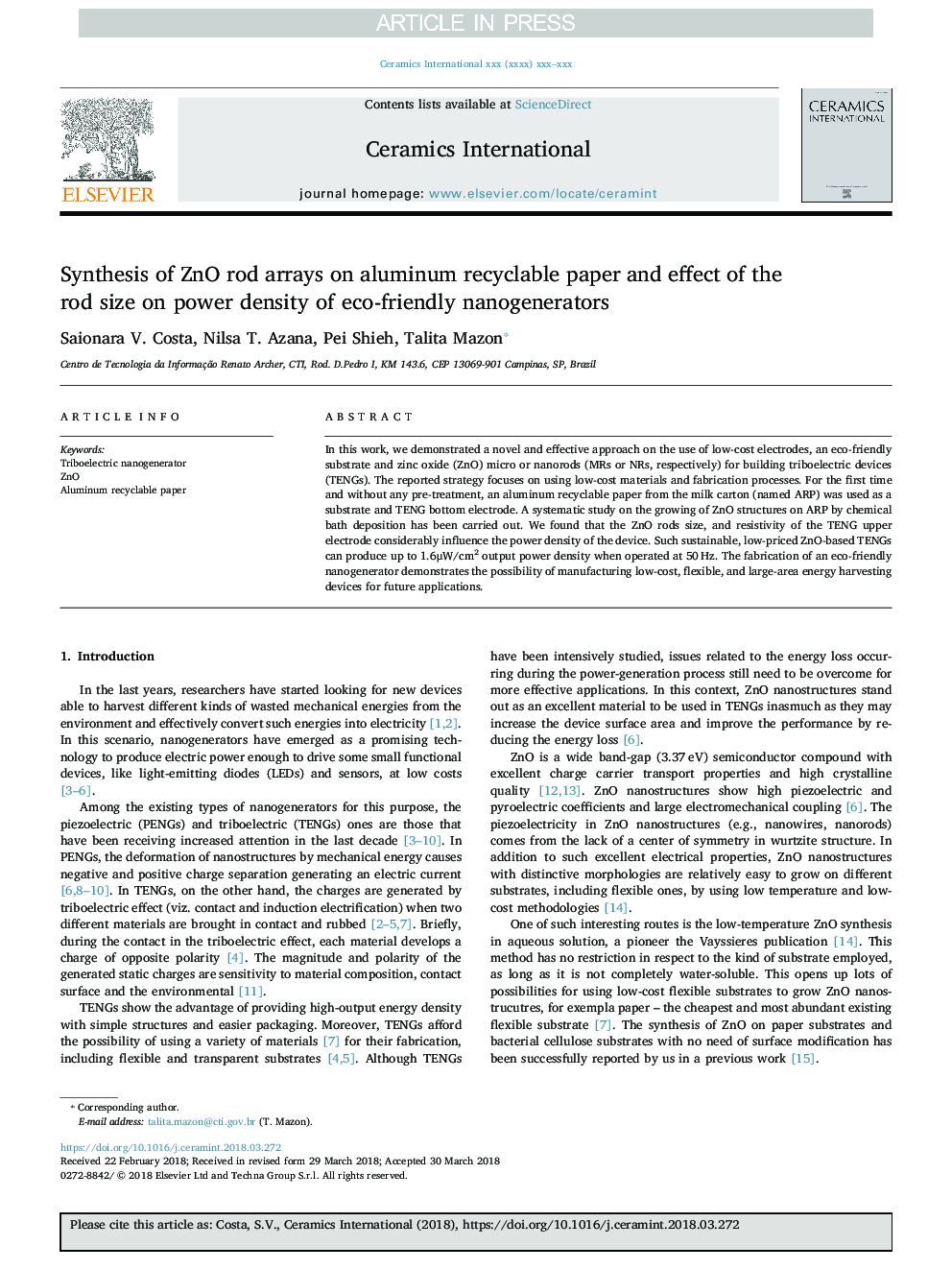 عکس صفحه اول مقاله: Synthesis of ZnO rod arrays on aluminum recyclable paper and effect of the rod size on power density of eco-friendly nanogenerators Synthesis of ZnO rod arrays on aluminum recyclable paper and effect of the rod size on power density of eco-friendly nanogenerators