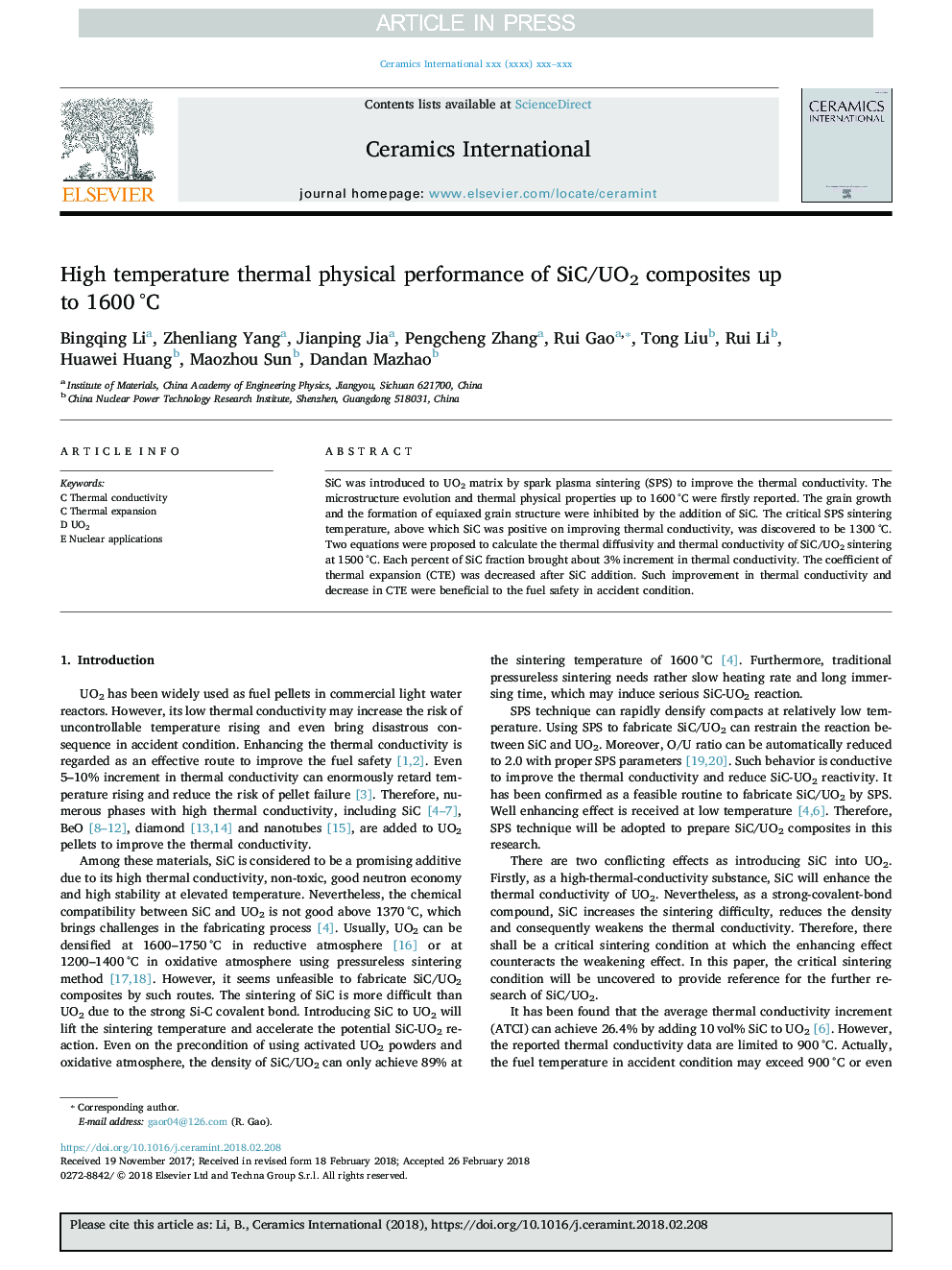 High temperature thermal physical performance of SiC/UO2 composites up to 1600â¯Â°C