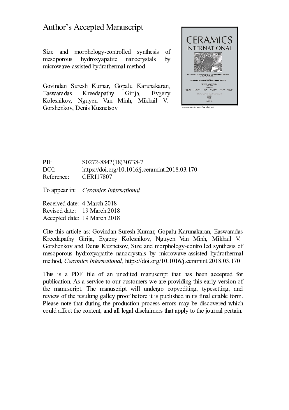 Size and morphology-controlled synthesis of mesoporous hydroxyapatite nanocrystals by microwave-assisted hydrothermal method