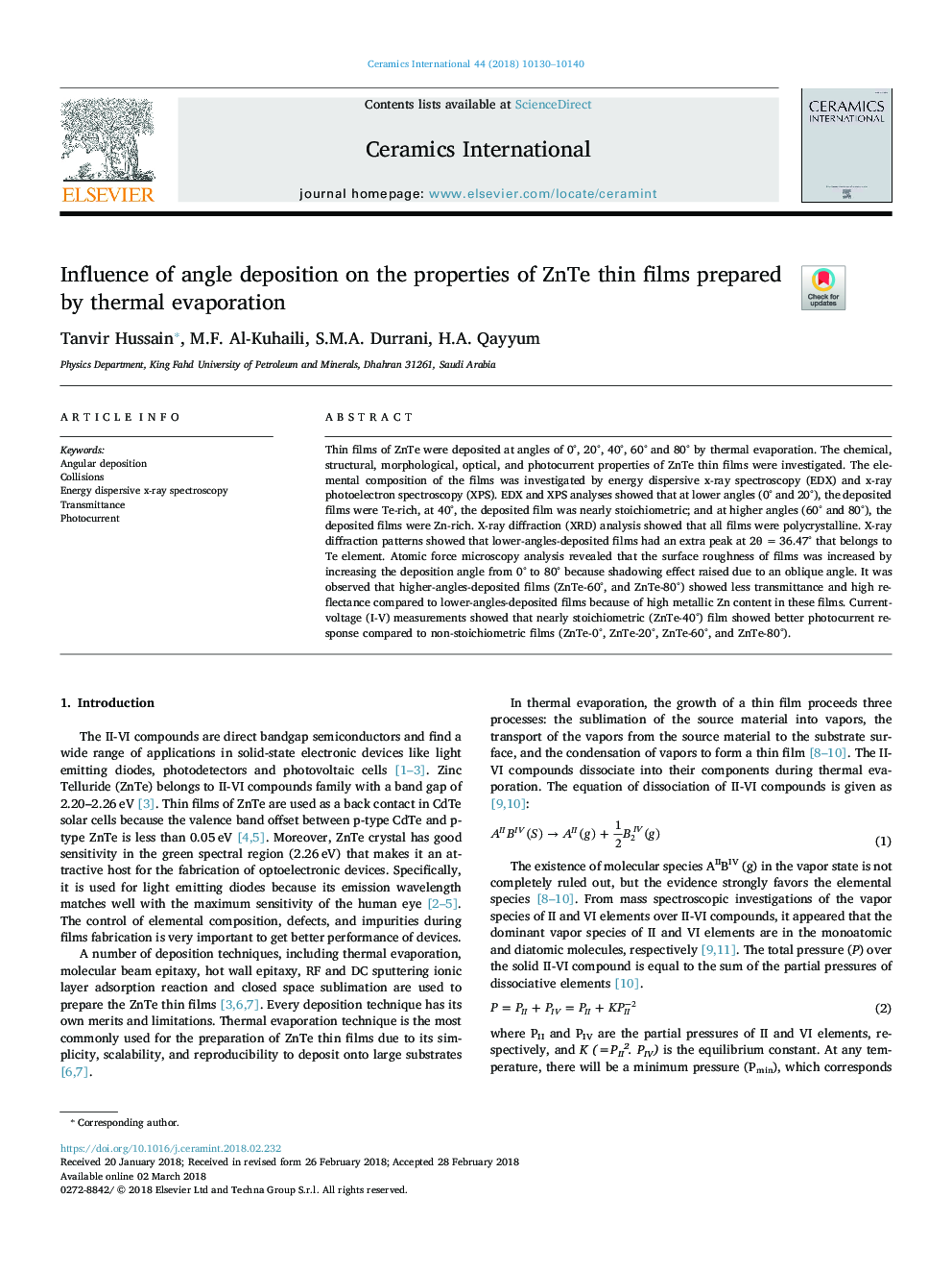 Influence of angle deposition on the properties of ZnTe thin films prepared by thermal evaporation