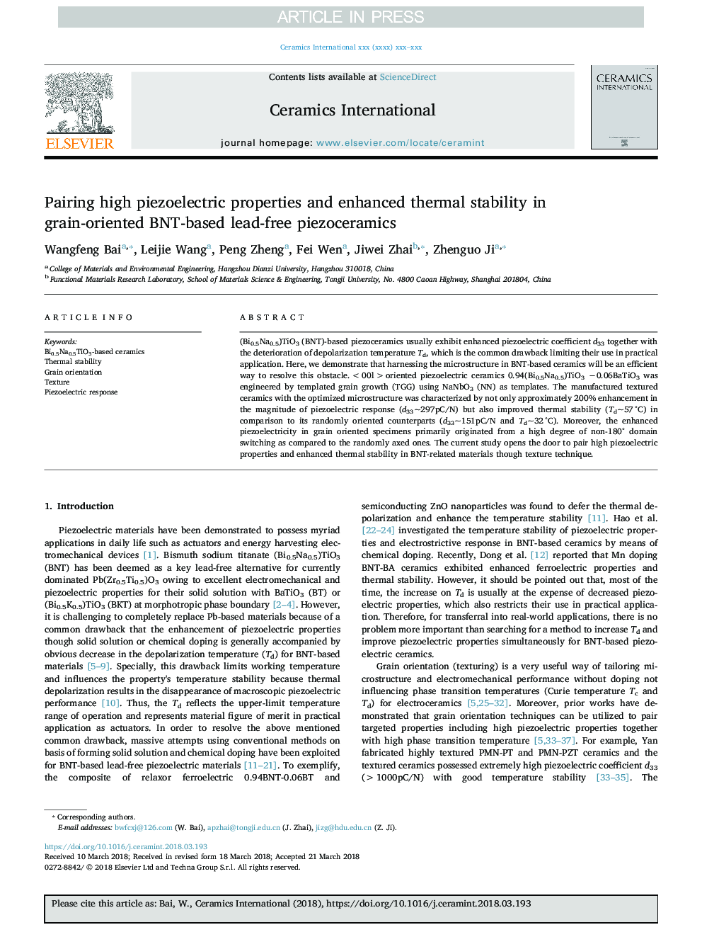 Pairing high piezoelectric properties and enhanced thermal stability in grain-oriented BNT-based lead-free piezoceramics