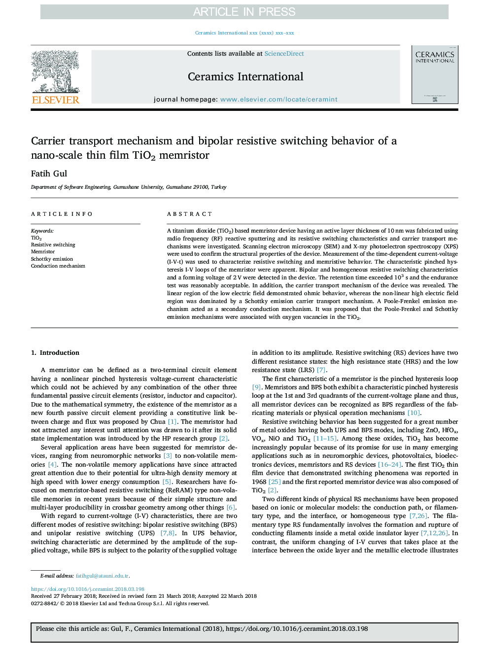 Carrier transport mechanism and bipolar resistive switching behavior of a nano-scale thin film TiO2 memristor