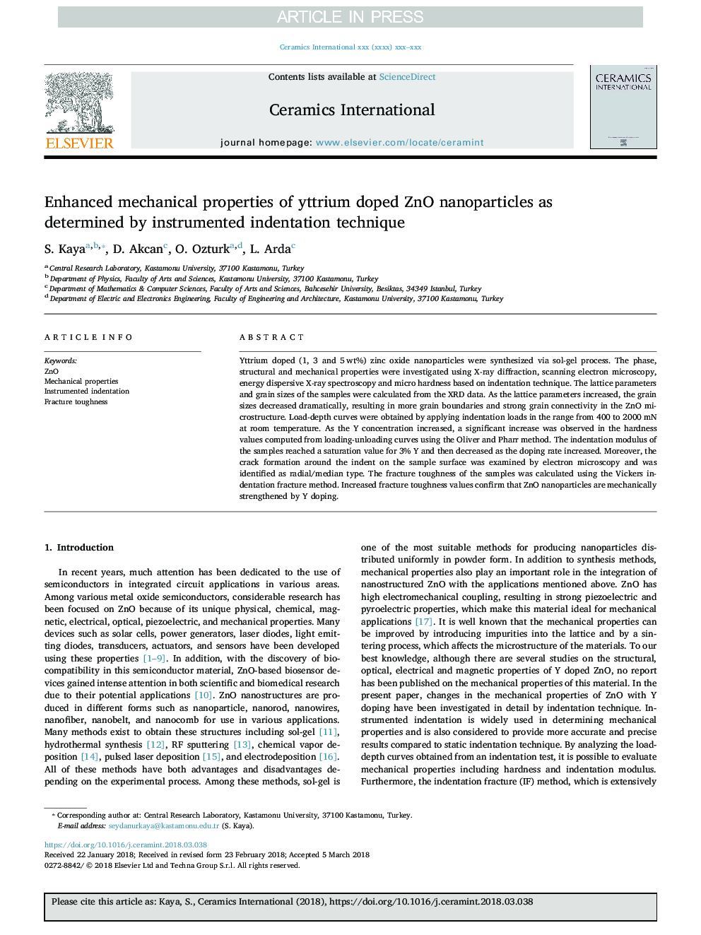 Enhanced mechanical properties of yttrium doped ZnO nanoparticles as determined by instrumented indentation technique