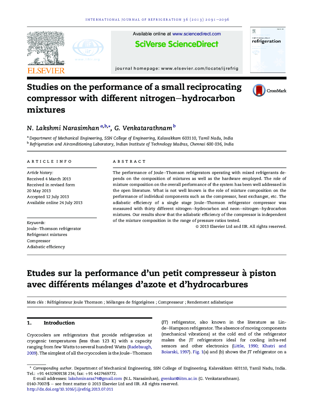 Studies on the performance of a small reciprocating compressor with different nitrogen–hydrocarbon mixtures