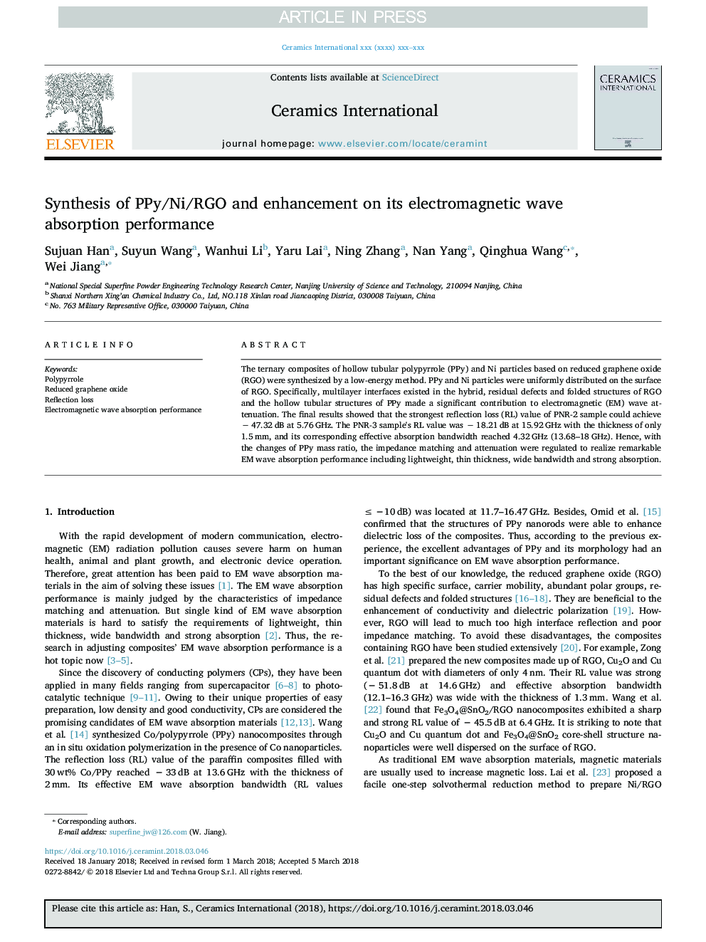 Synthesis of PPy/Ni/RGO and enhancement on its electromagnetic wave absorption performance
