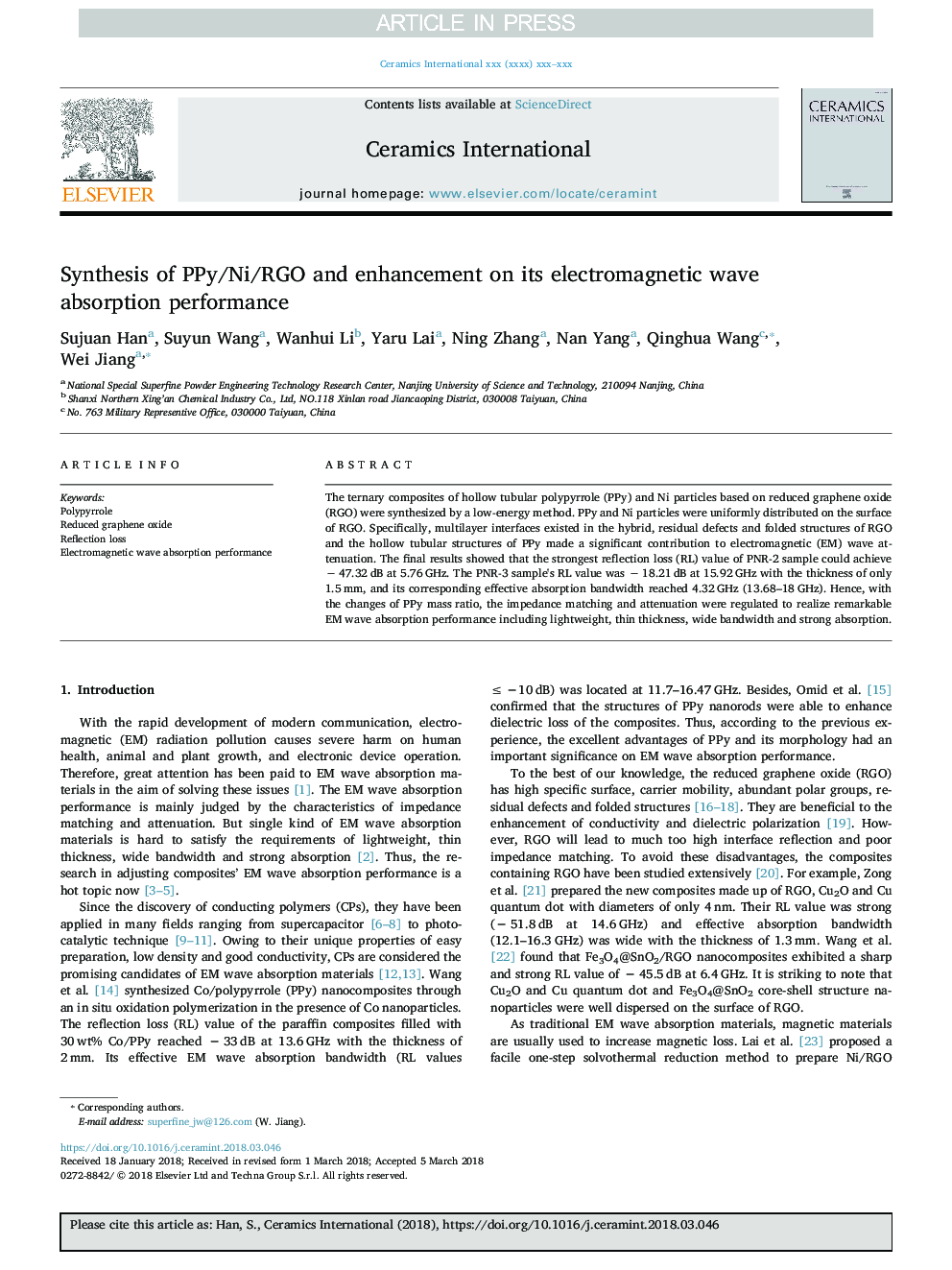 عکس صفحه اول مقاله: Synthesis of PPy/Ni/RGO and enhancement on its electromagnetic wave absorption performance Synthesis of PPy/Ni/RGO and enhancement on its electromagnetic wave absorption performance