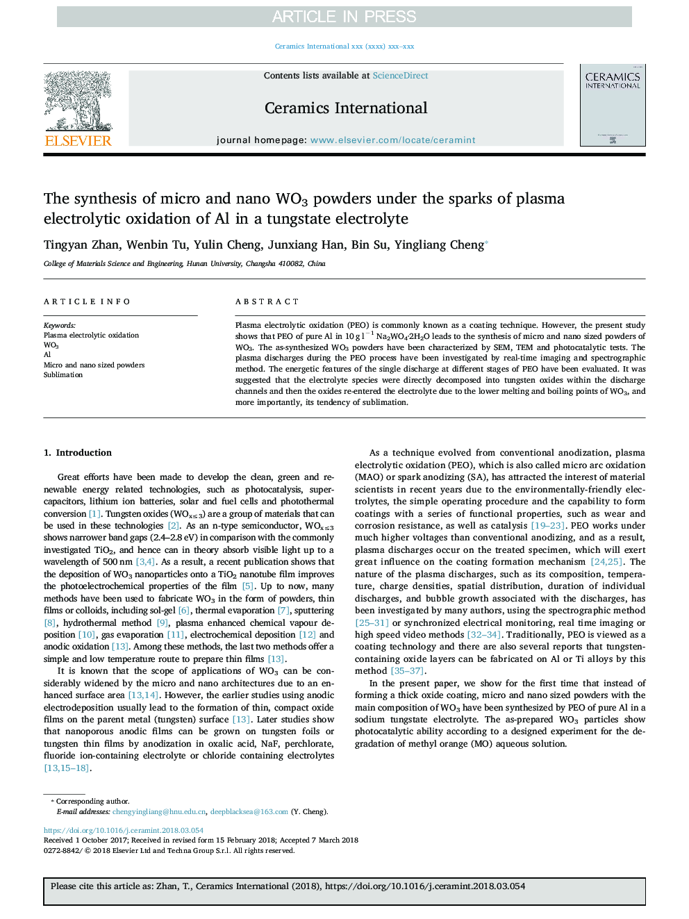 The synthesis of micro and nano WO3 powders under the sparks of plasma electrolytic oxidation of Al in a tungstate electrolyte