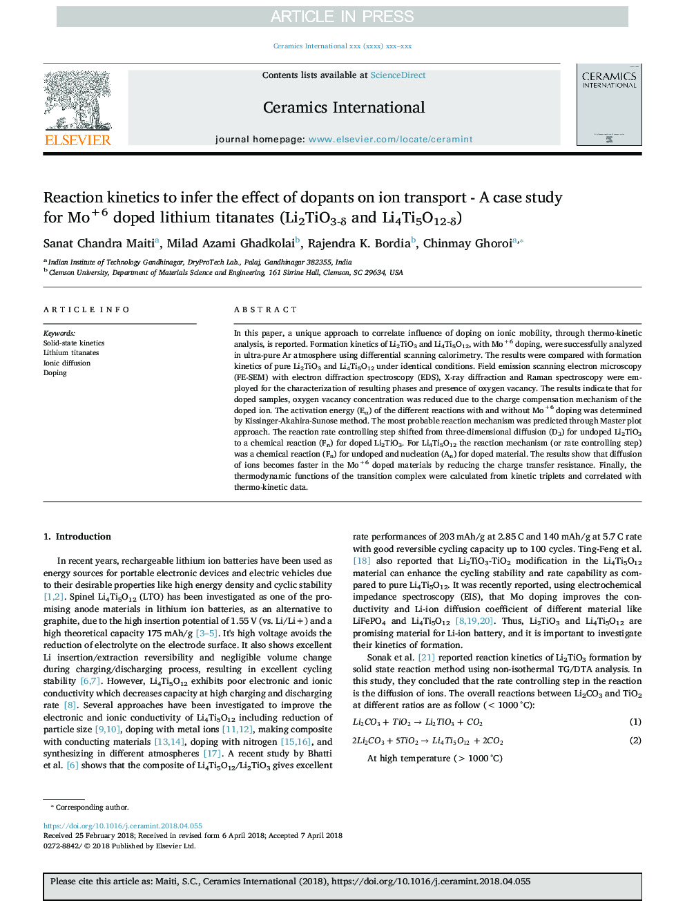 Reaction kinetics to infer the effect of dopants on ion transport - A case study for Mo+6 doped lithium titanates (Li2TiO3-Î´ and Li4Ti5O12-Î´)