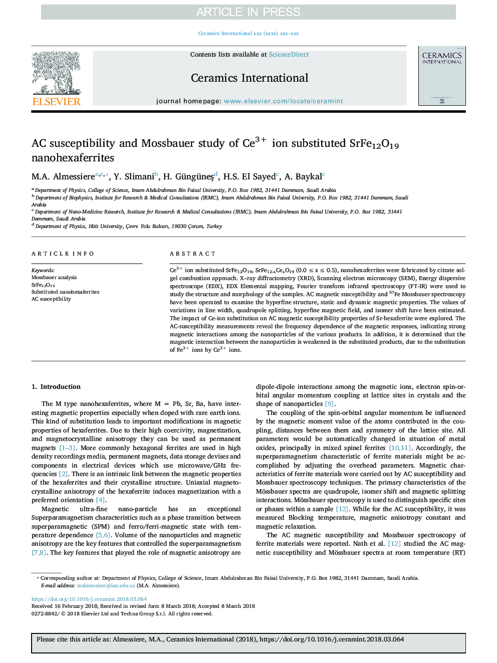 عکس صفحه اول مقاله: AC susceptibility and Mossbauer study of Ce3+ ion substituted SrFe12O19 nanohexaferrites AC susceptibility and Mossbauer study of Ce3+ ion substituted SrFe12O19 nanohexaferrites