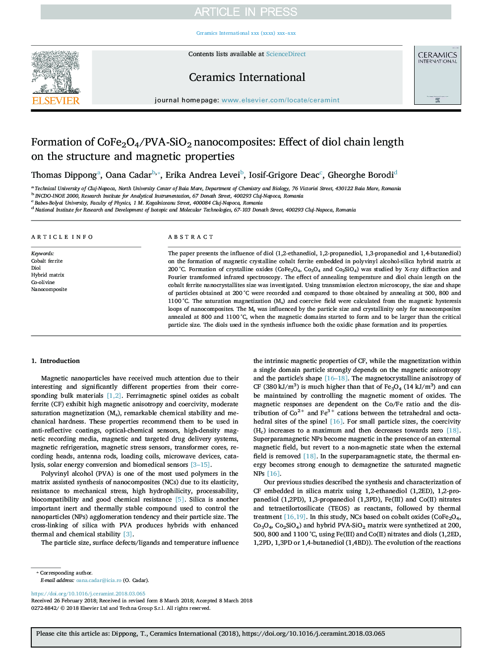 Formation of CoFe2O4/PVA-SiO2 nanocomposites: Effect of diol chain length on the structure and magnetic properties